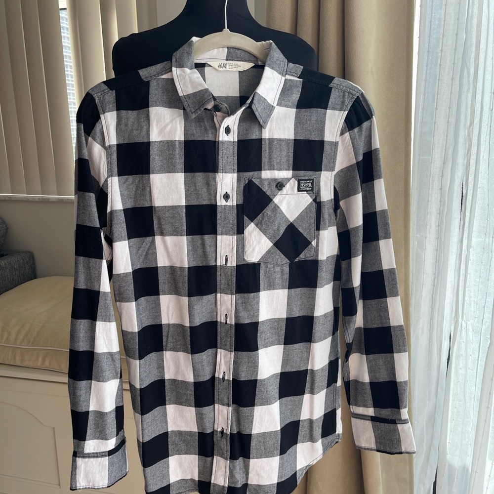 H&M Boys Black White Plaid Button Up 100% Cotton Long Sleeve Shirt 16